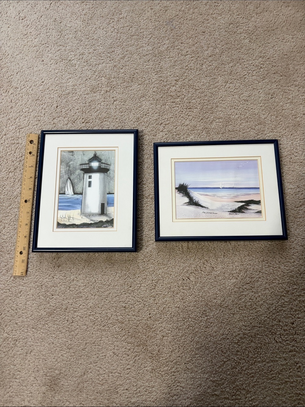 Navy Blue Framed Coastal Lighthouse and Beach Art Set